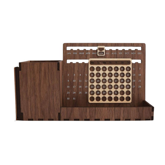 Custom Multi-Function Wood Perpetual Desk Calendar With Pen & Pencils Holder, Business Card Holder, Accessories Tray, Personalized Desk Organizer