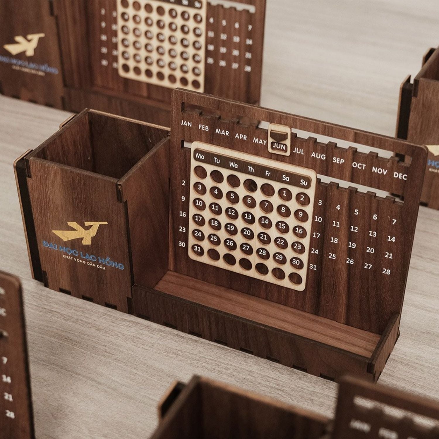 Custom Multi-Function Wood Perpetual Desk Calendar With Pen & Pencils Holder, Business Card Holder, Accessories Tray, Personalized Desk Organizer