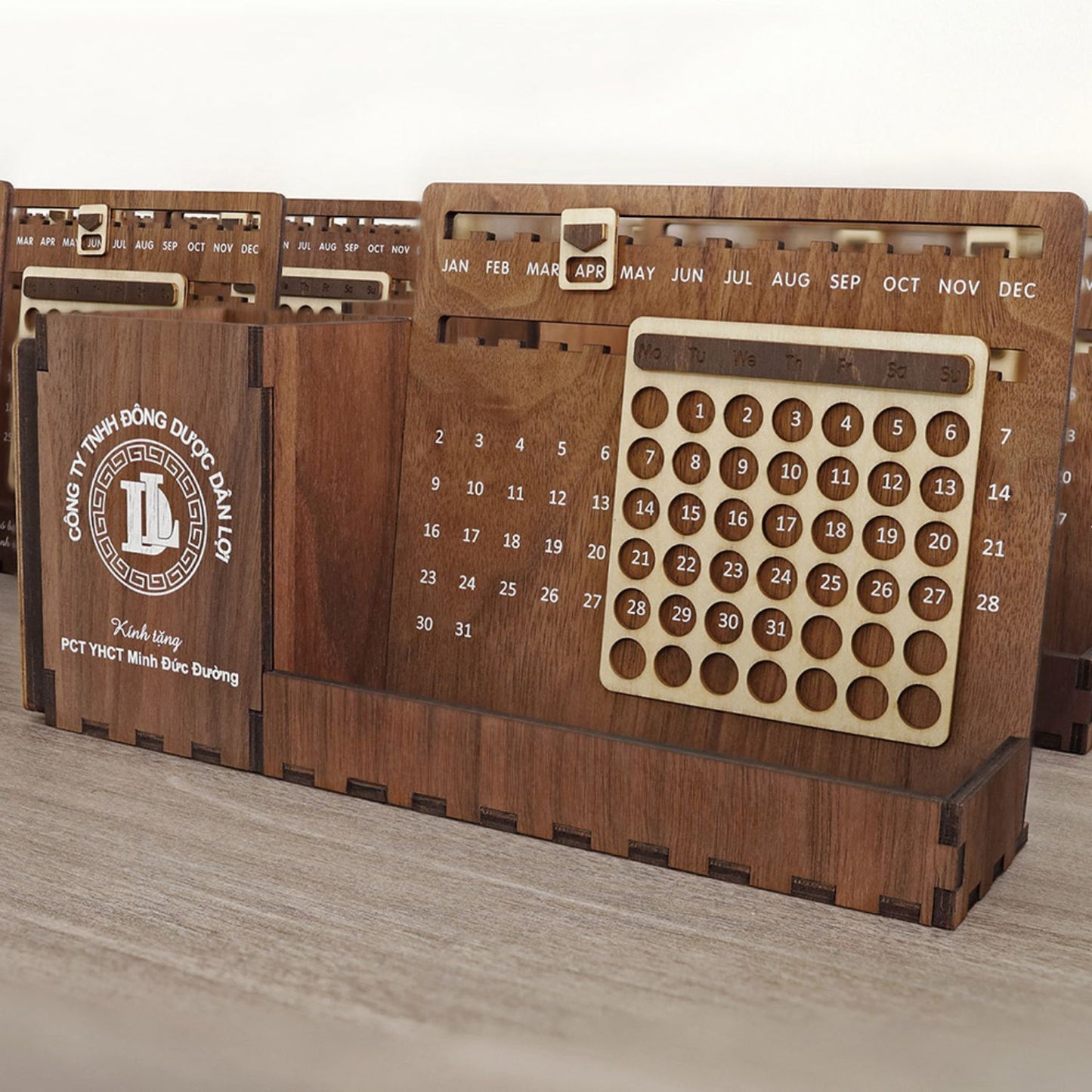 Custom Multi-Function Wood Perpetual Desk Calendar With Pen & Pencils Holder, Business Card Holder, Accessories Tray, Personalized Desk Organizer