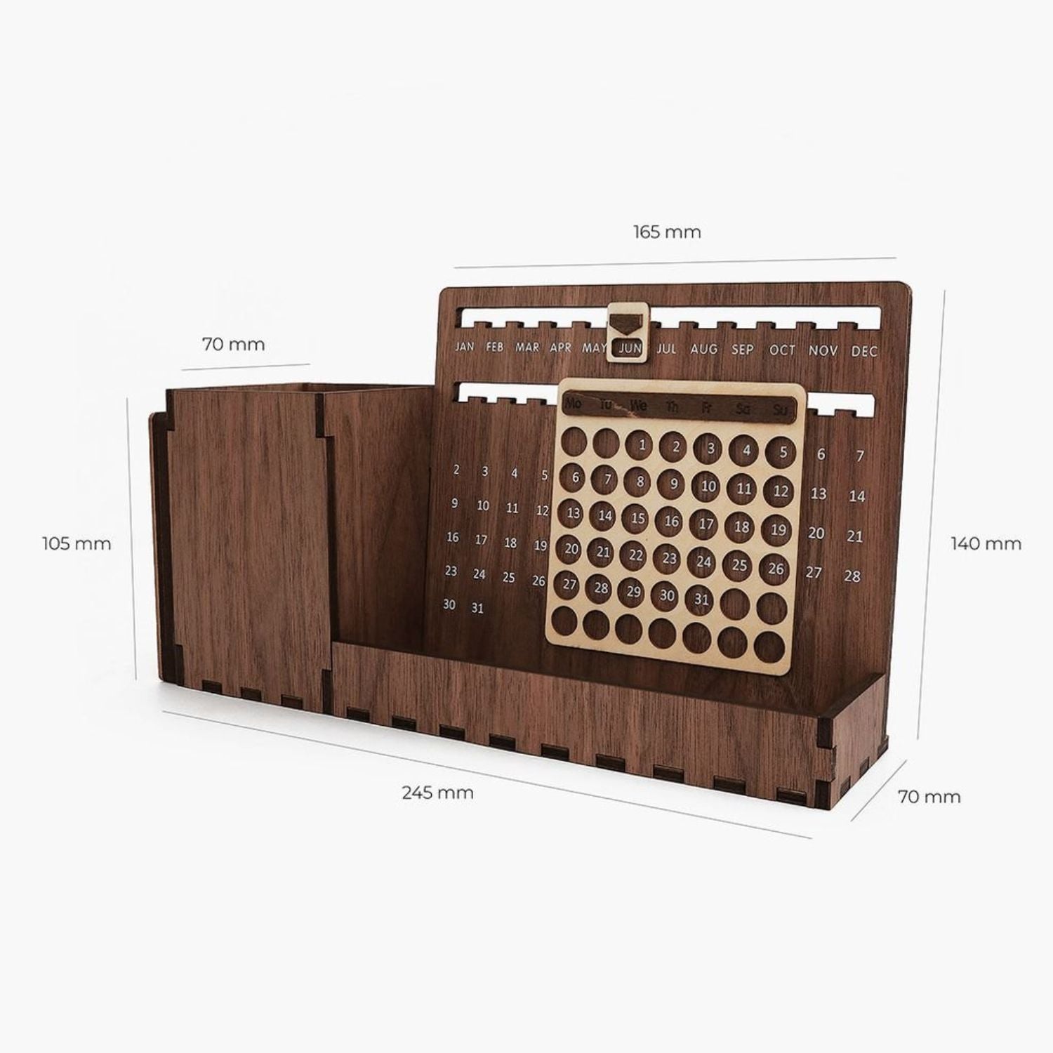 Custom Multi-Function Wood Perpetual Desk Calendar With Pen & Pencils Holder, Business Card Holder, Accessories Tray, Personalized Desk Organizer