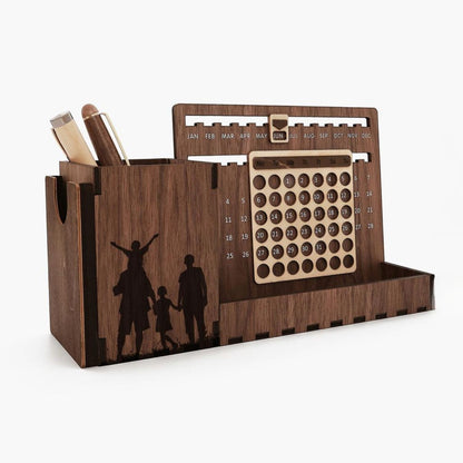 Custom Multi-Function Wood Perpetual Desk Calendar With Pen & Pencils Holder, Business Card Holder, Accessories Tray, Personalized Desk Organizer
