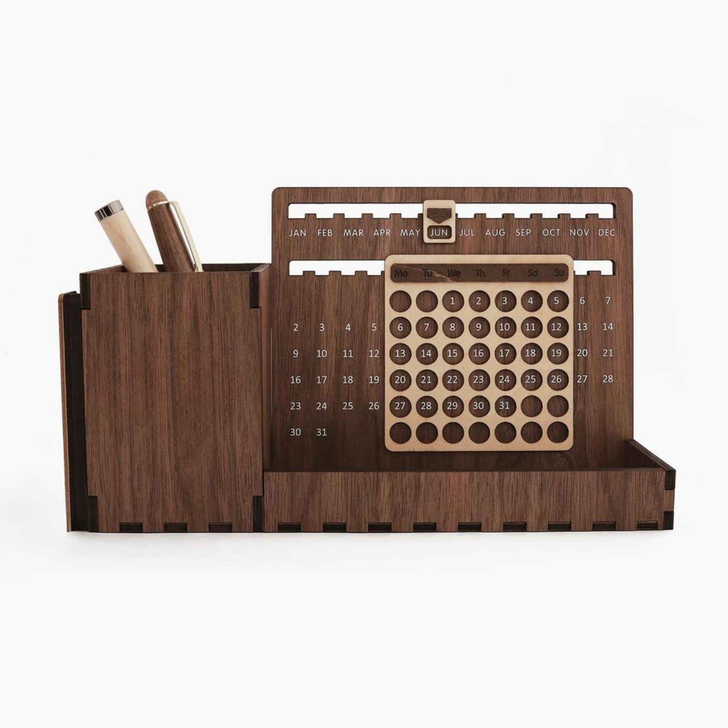 Custom Multi-Function Wood Perpetual Desk Calendar With Pen & Pencils Holder, Business Card Holder, Accessories Tray, Personalized Desk Organizer