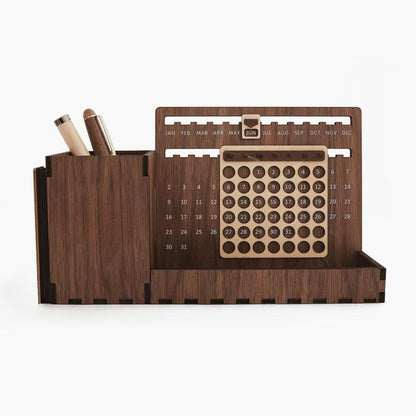 Custom Multi-Function Wood Perpetual Desk Calendar With Pen & Pencils Holder, Business Card Holder, Accessories Tray, Personalized Desk Organizer