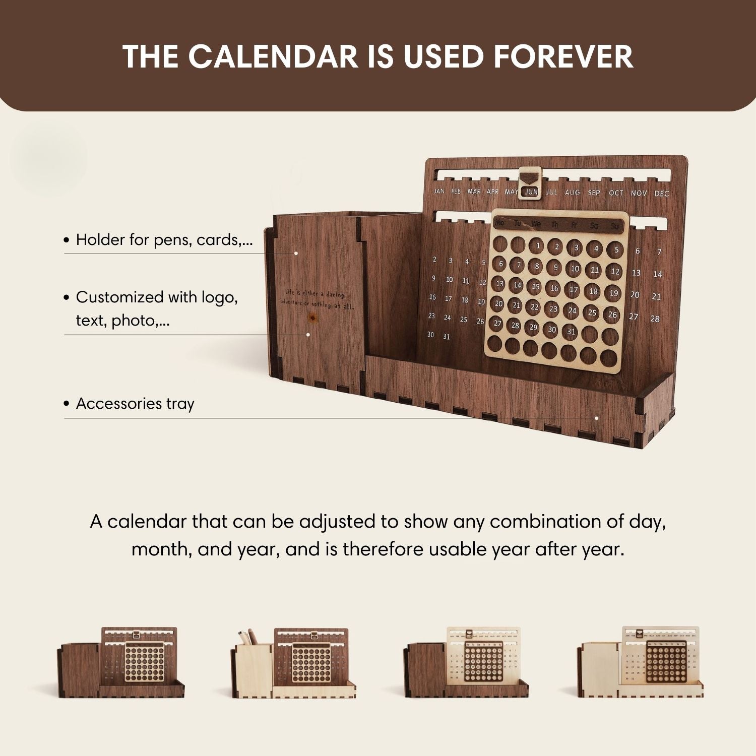 Custom Multi-Function Wood Perpetual Desk Calendar With Pen & Pencils Holder, Business Card Holder, Accessories Tray, Personalized Desk Organizer