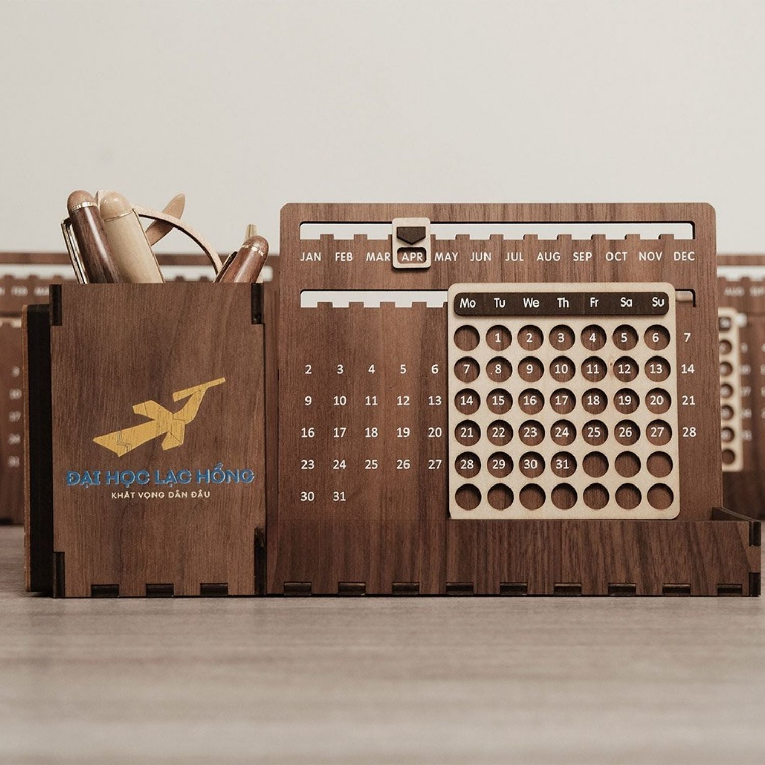 Custom Multi-Function Wood Perpetual Desk Calendar With Pen & Pencils Holder, Business Card Holder, Accessories Tray, Personalized Desk Organizer