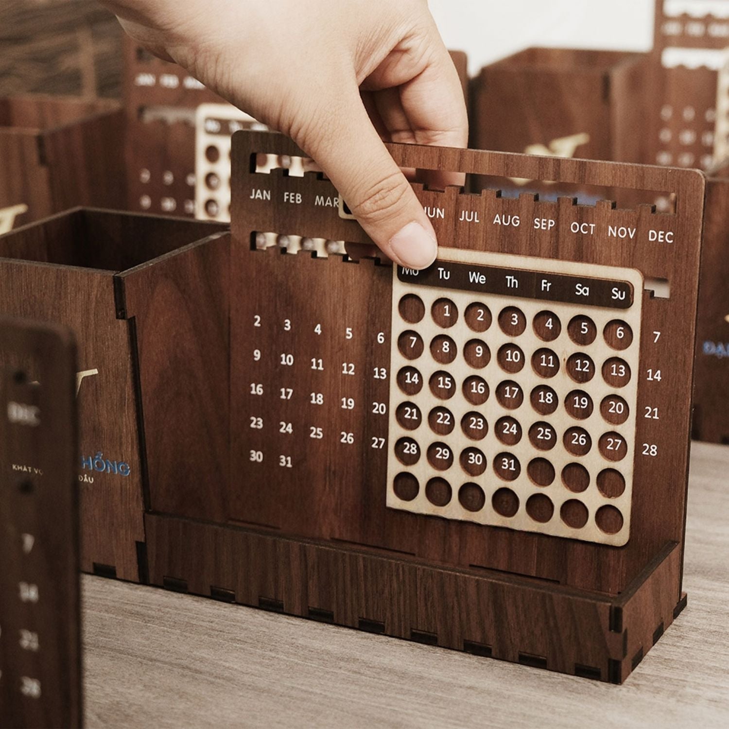 Custom Multi-Function Wood Perpetual Desk Calendar With Pen & Pencils Holder, Business Card Holder, Accessories Tray, Personalized Desk Organizer