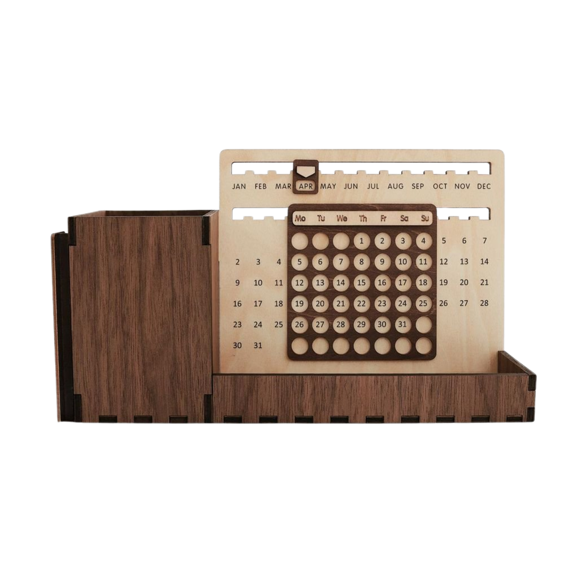 Custom Multi-Function Wood Perpetual Desk Calendar With Pen & Pencils Holder, Business Card Holder, Accessories Tray, Personalized Desk Organizer