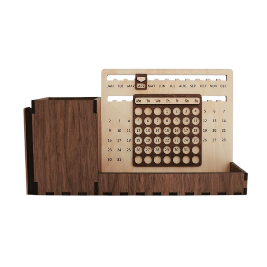 Custom Multi-Function Wood Perpetual Desk Calendar With Pen & Pencils Holder, Business Card Holder, Accessories Tray, Personalized Desk Organizer