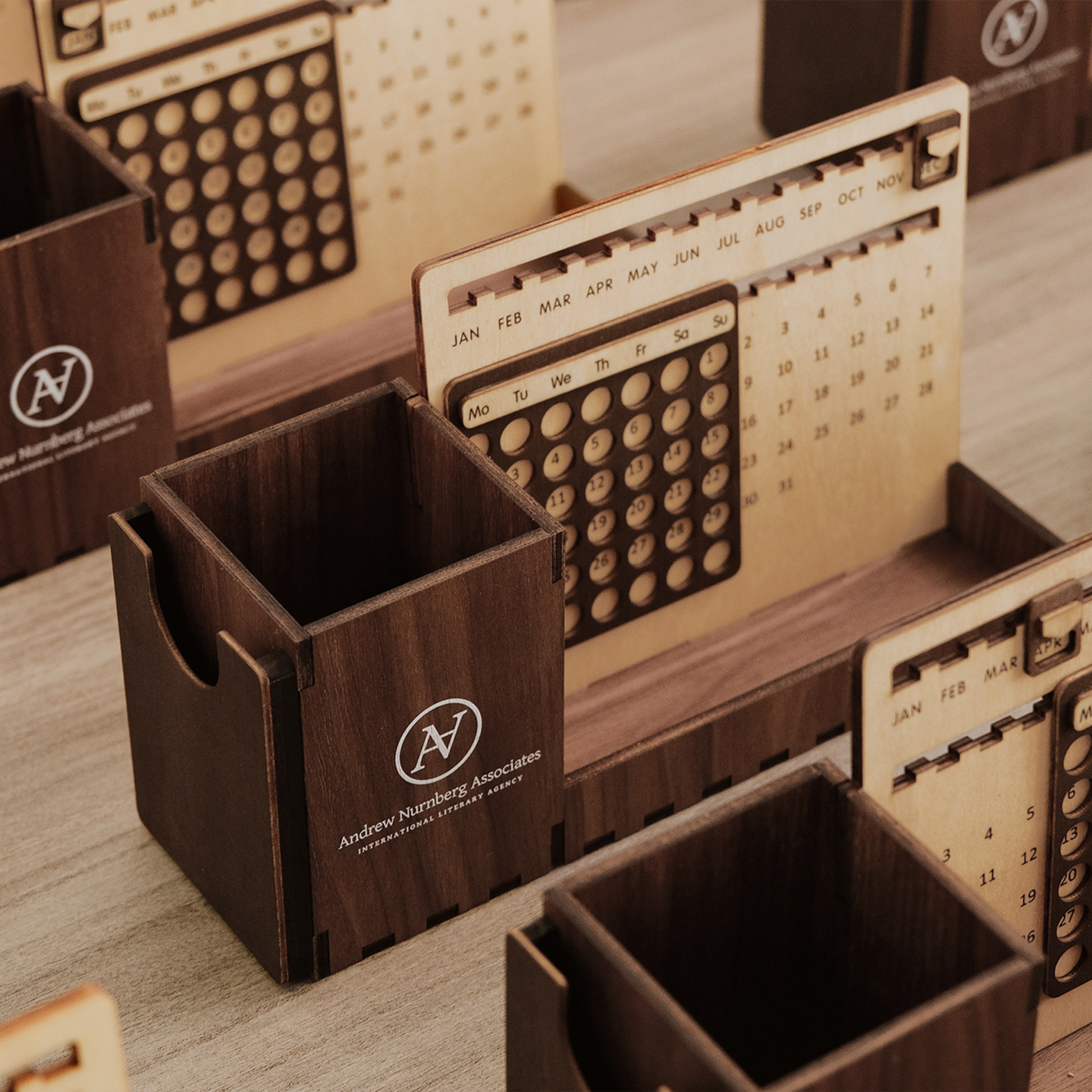 Custom Multi-Function Wood Perpetual Desk Calendar With Pen & Pencils Holder, Business Card Holder, Accessories Tray, Personalized Desk Organizer