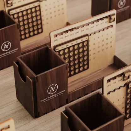 Custom Multi-Function Wood Perpetual Desk Calendar With Pen & Pencils Holder, Business Card Holder, Accessories Tray, Personalized Desk Organizer