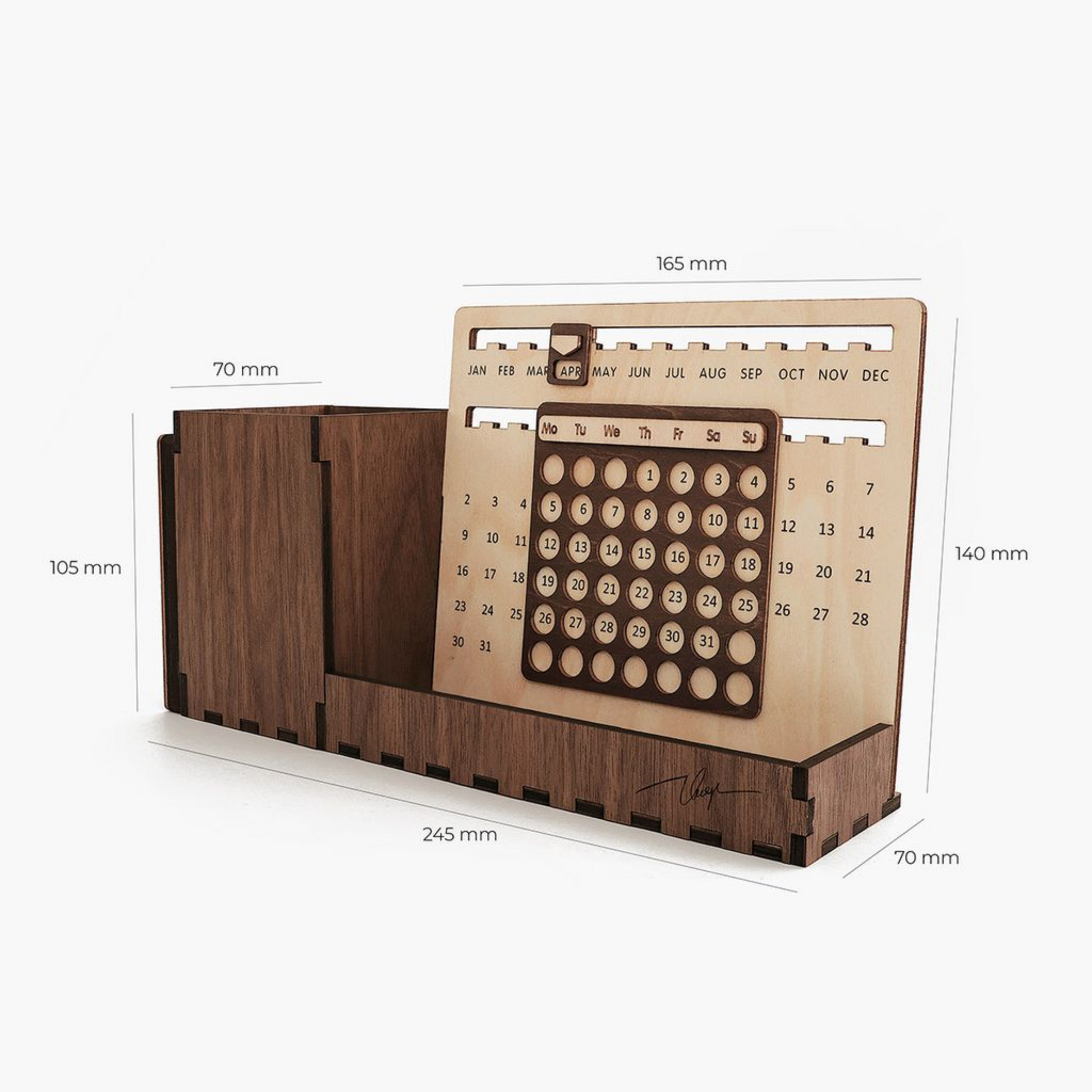 Custom Multi-Function Wood Perpetual Desk Calendar With Pen & Pencils Holder, Business Card Holder, Accessories Tray, Personalized Desk Organizer