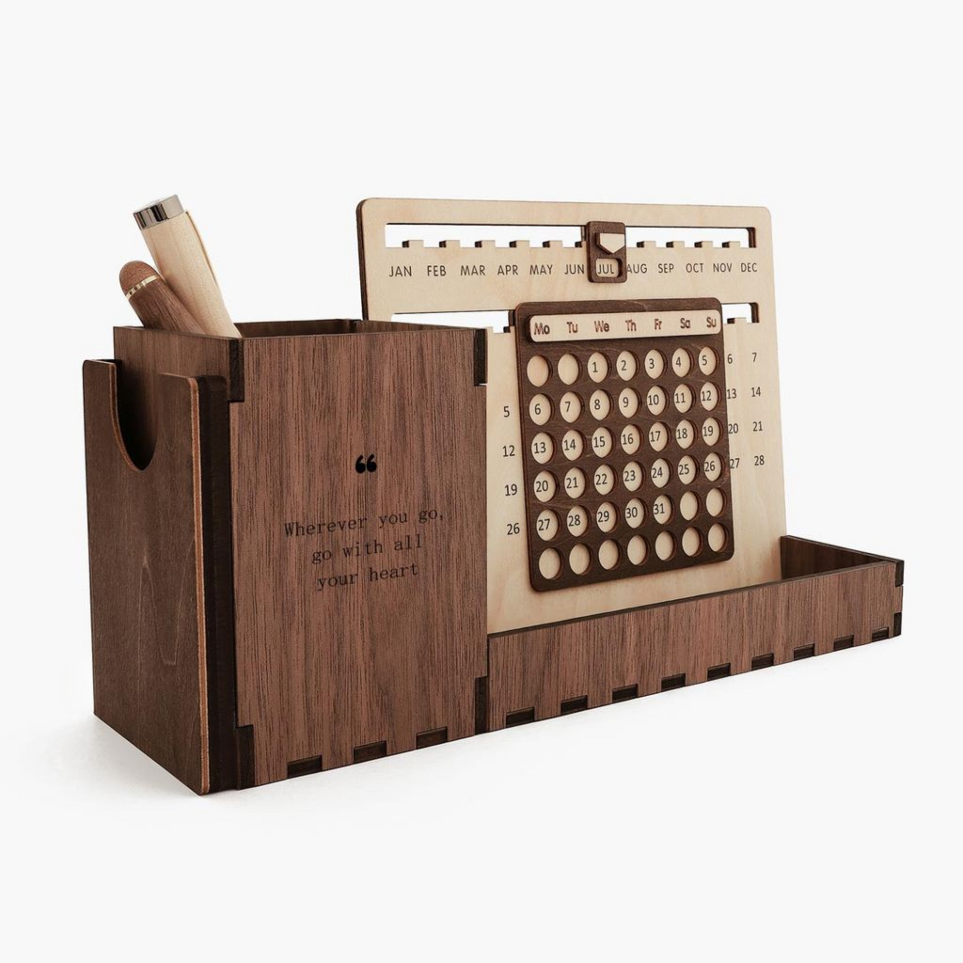 Custom Multi-Function Wood Perpetual Desk Calendar With Pen & Pencils Holder, Business Card Holder, Accessories Tray, Personalized Desk Organizer