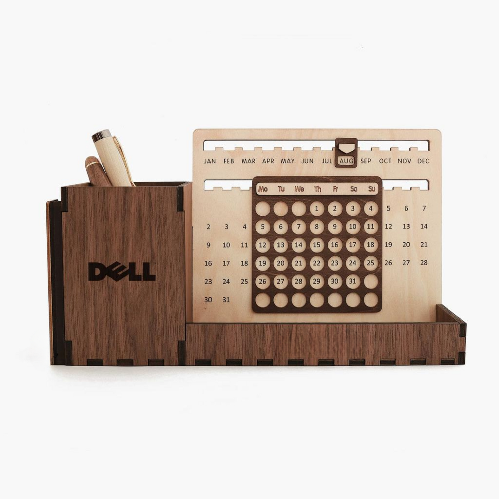 Custom Multi-Function Wood Perpetual Desk Calendar With Pen & Pencils Holder, Business Card Holder, Accessories Tray, Personalized Desk Organizer