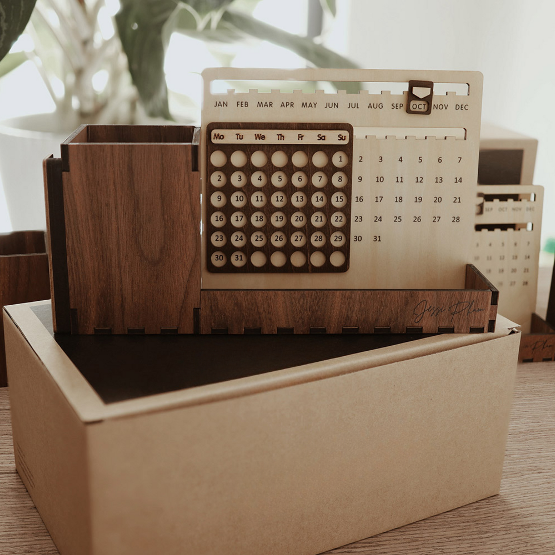 Custom Multi-Function Wood Perpetual Desk Calendar With Pen & Pencils Holder, Business Card Holder, Accessories Tray, Personalized Desk Organizer