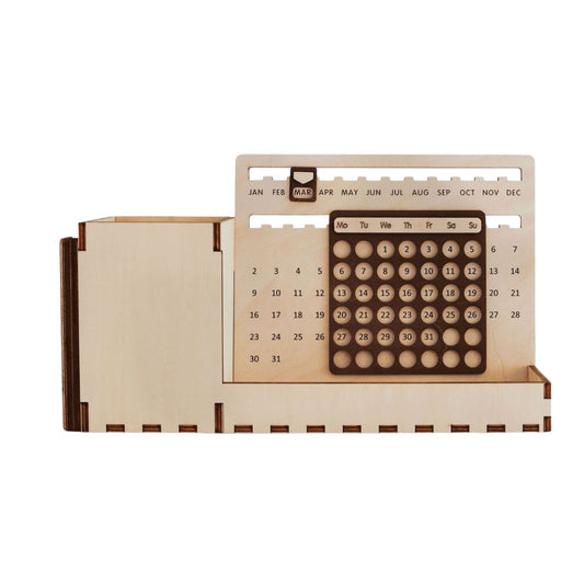 Custom Multi-Function Wood Perpetual Desk Calendar With Pen & Pencils Holder, Business Card Holder, Accessories Tray, Personalized Desk Organizer
