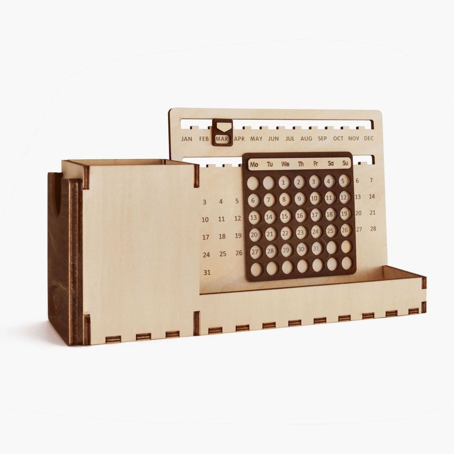 Custom Multi-Function Wood Perpetual Desk Calendar With Pen & Pencils Holder, Business Card Holder, Accessories Tray, Personalized Desk Organizer