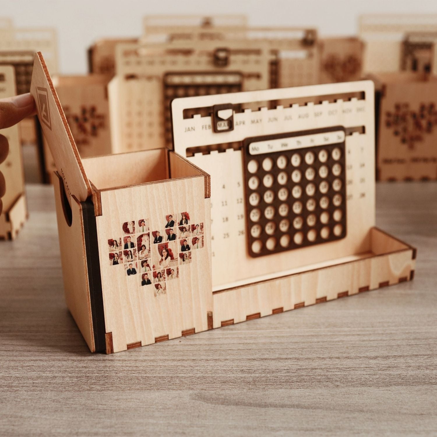 Custom Multi-Function Wood Perpetual Desk Calendar With Pen & Pencils Holder, Business Card Holder, Accessories Tray, Personalized Desk Organizer