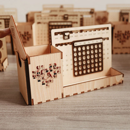 Custom Multi-Function Wood Perpetual Desk Calendar With Pen & Pencils Holder, Business Card Holder, Accessories Tray, Personalized Desk Organizer