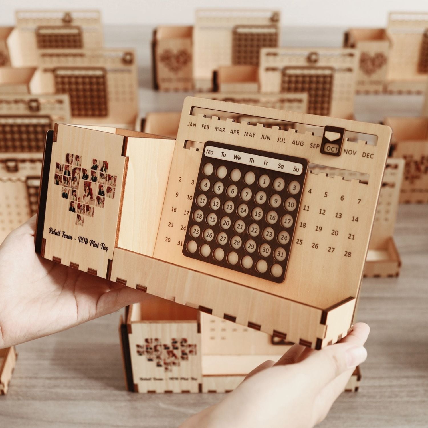Custom Multi-Function Wood Perpetual Desk Calendar With Pen & Pencils Holder, Business Card Holder, Accessories Tray, Personalized Desk Organizer