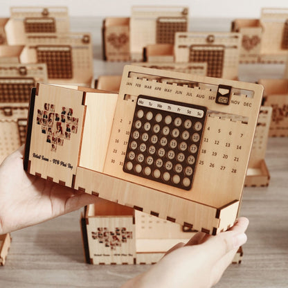 Custom Multi-Function Wood Perpetual Desk Calendar With Pen & Pencils Holder, Business Card Holder, Accessories Tray, Personalized Desk Organizer