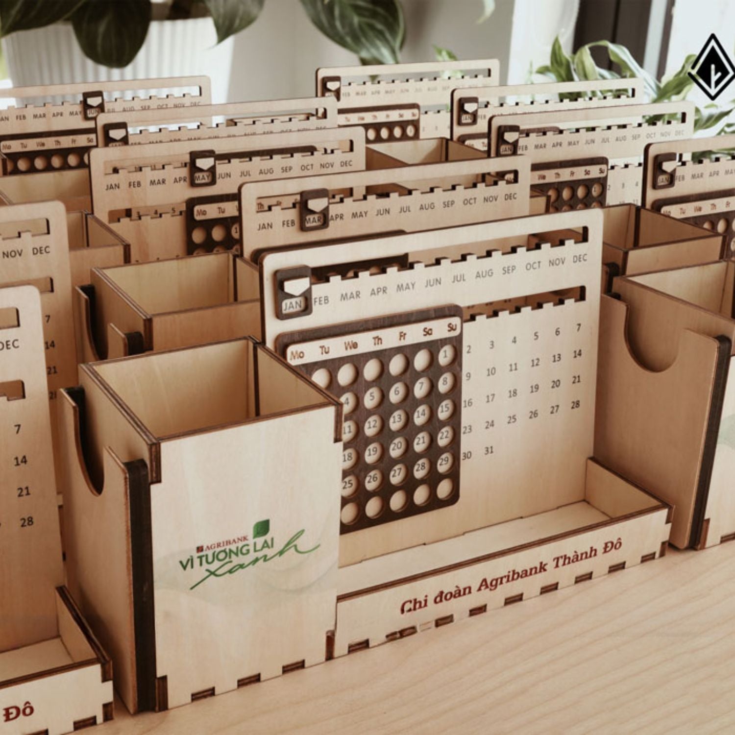 Custom Multi-Function Wood Perpetual Desk Calendar With Pen & Pencils Holder, Business Card Holder, Accessories Tray, Personalized Desk Organizer