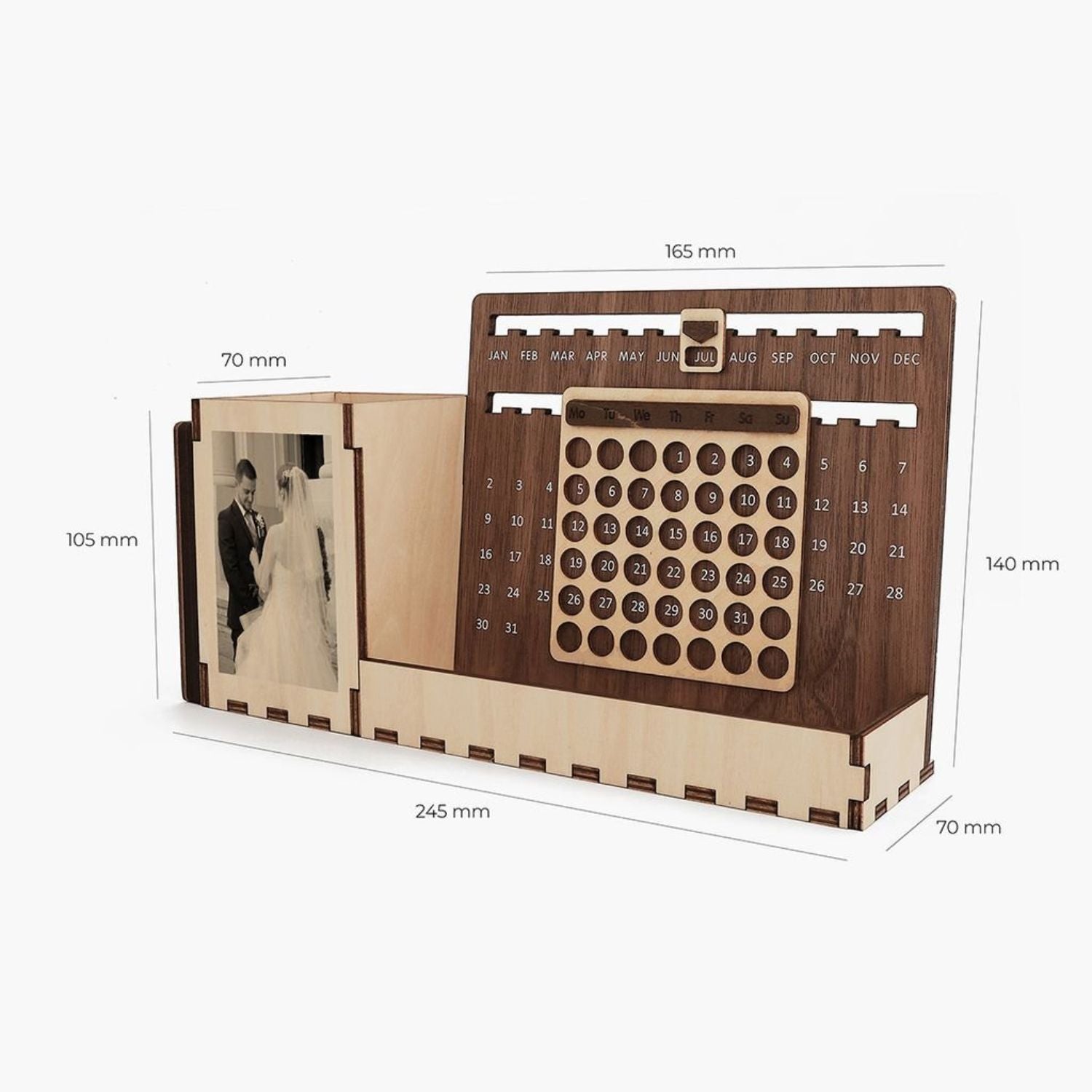 Custom Multi-Function Wood Perpetual Desk Calendar With Pen & Pencils Holder, Business Card Holder, Accessories Tray, Personalized Desk Organizer