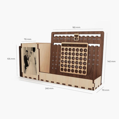 Custom Multi-Function Wood Perpetual Desk Calendar With Pen & Pencils Holder, Business Card Holder, Accessories Tray, Personalized Desk Organizer
