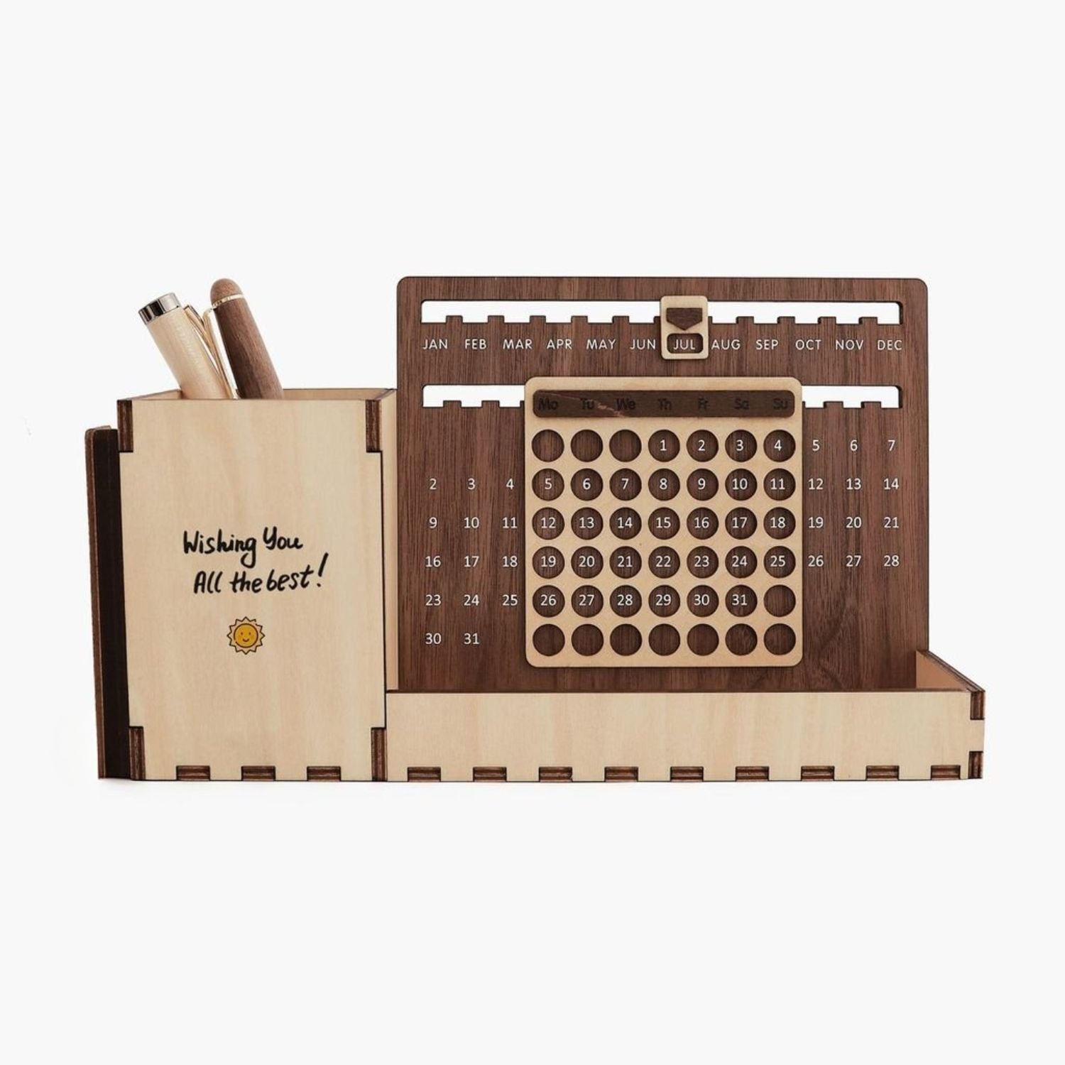 Custom Multi-Function Wood Perpetual Desk Calendar With Pen & Pencils Holder, Business Card Holder, Accessories Tray, Personalized Desk Organizer