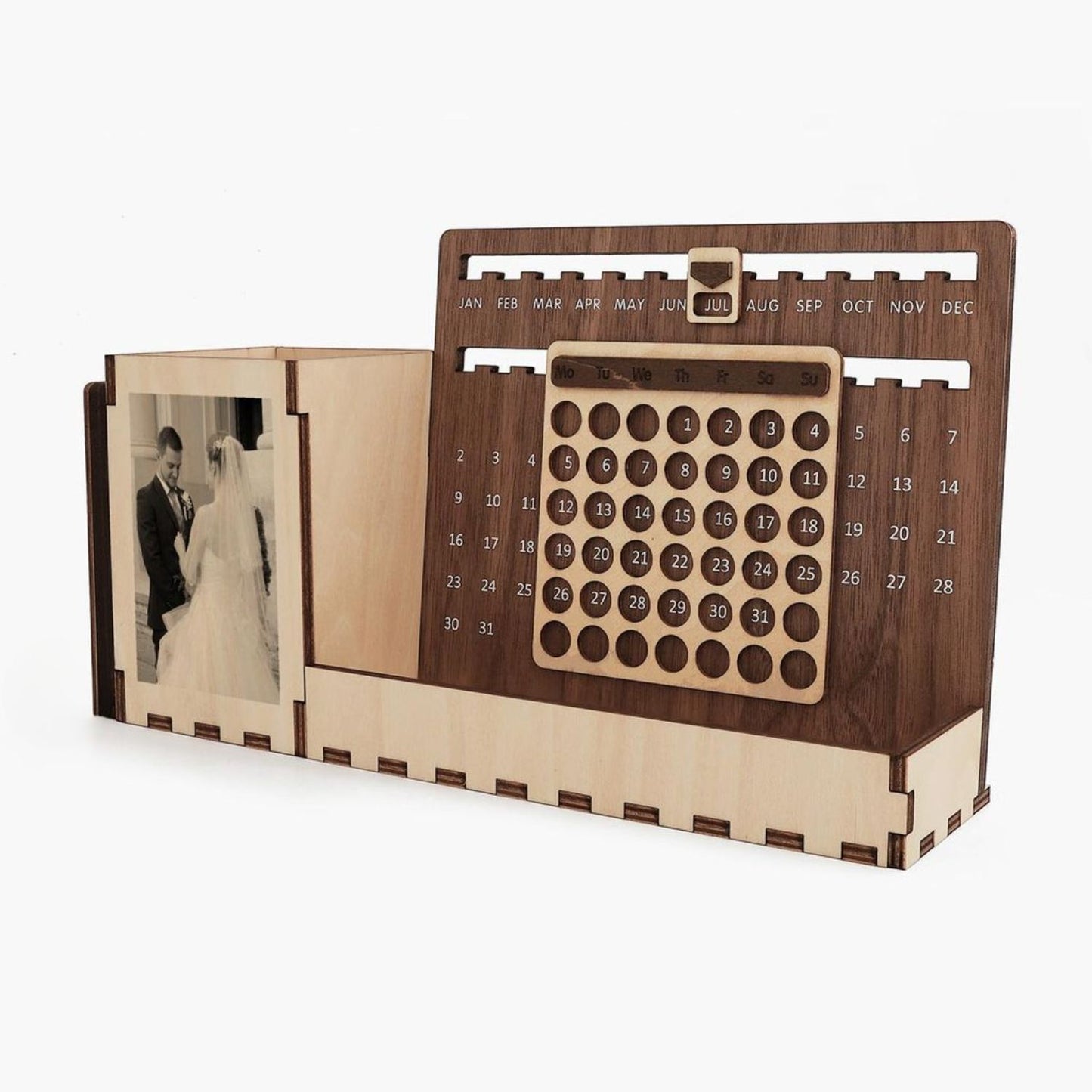 Custom Multi-Function Wood Perpetual Desk Calendar With Pen & Pencils Holder, Business Card Holder, Accessories Tray, Personalized Desk Organizer