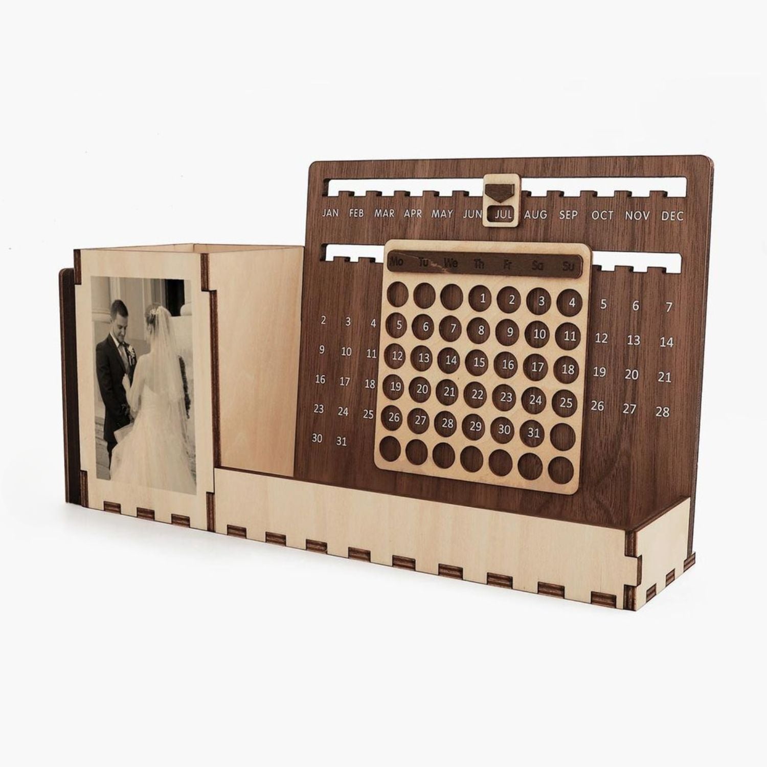 Custom Multi-Function Wood Perpetual Desk Calendar With Pen & Pencils Holder, Business Card Holder, Accessories Tray, Personalized Desk Organizer