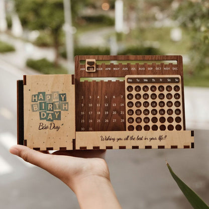 Custom Multi-Function Wood Perpetual Desk Calendar With Pen & Pencils Holder, Business Card Holder, Accessories Tray, Personalized Desk Organizer