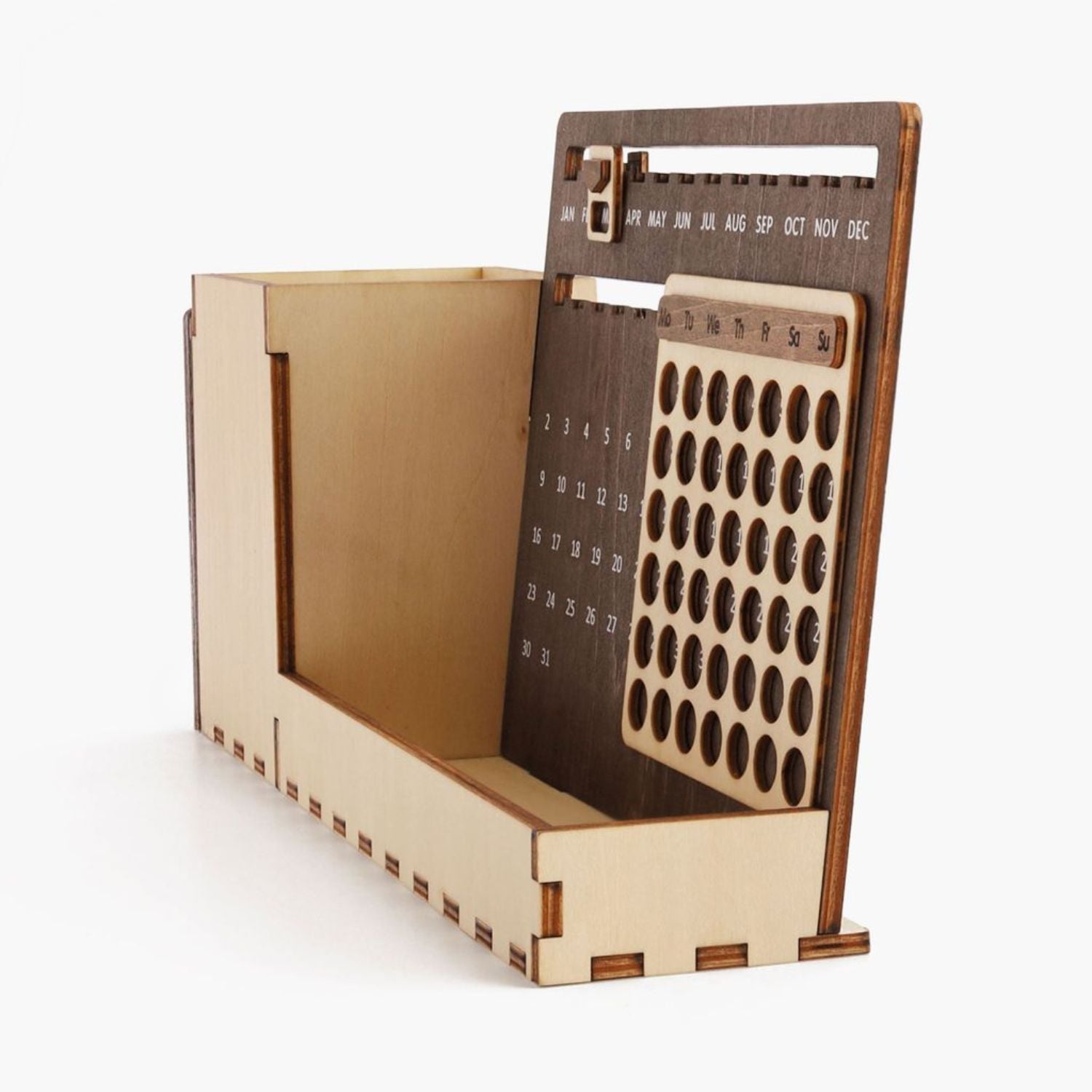Custom Multi-Function Wood Perpetual Desk Calendar With Pen & Pencils Holder, Business Card Holder, Accessories Tray, Personalized Desk Organizer