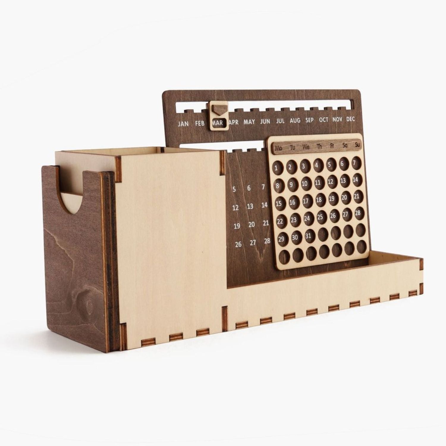 Custom Multi-Function Wood Perpetual Desk Calendar With Pen & Pencils Holder, Business Card Holder, Accessories Tray, Personalized Desk Organizer