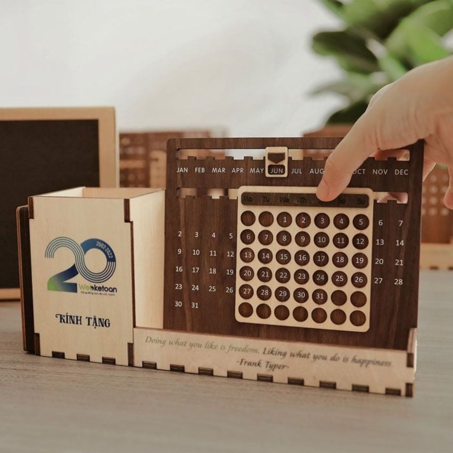 Custom Multi-Function Wood Perpetual Desk Calendar With Pen & Pencils Holder, Business Card Holder, Accessories Tray, Personalized Desk Organizer