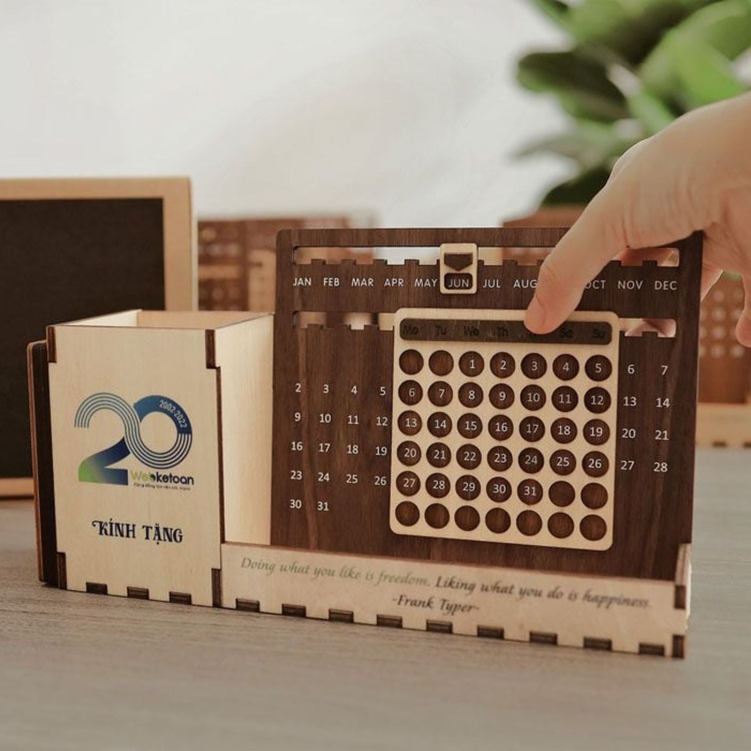 Custom Multi-Function Wood Perpetual Desk Calendar With Pen & Pencils Holder, Business Card Holder, Accessories Tray, Personalized Desk Organizer