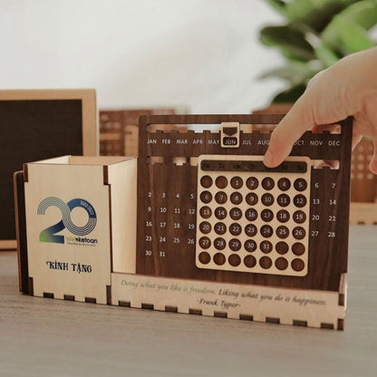 Custom Multi-Function Wood Perpetual Desk Calendar With Pen & Pencils Holder, Business Card Holder, Accessories Tray, Personalized Desk Organizer