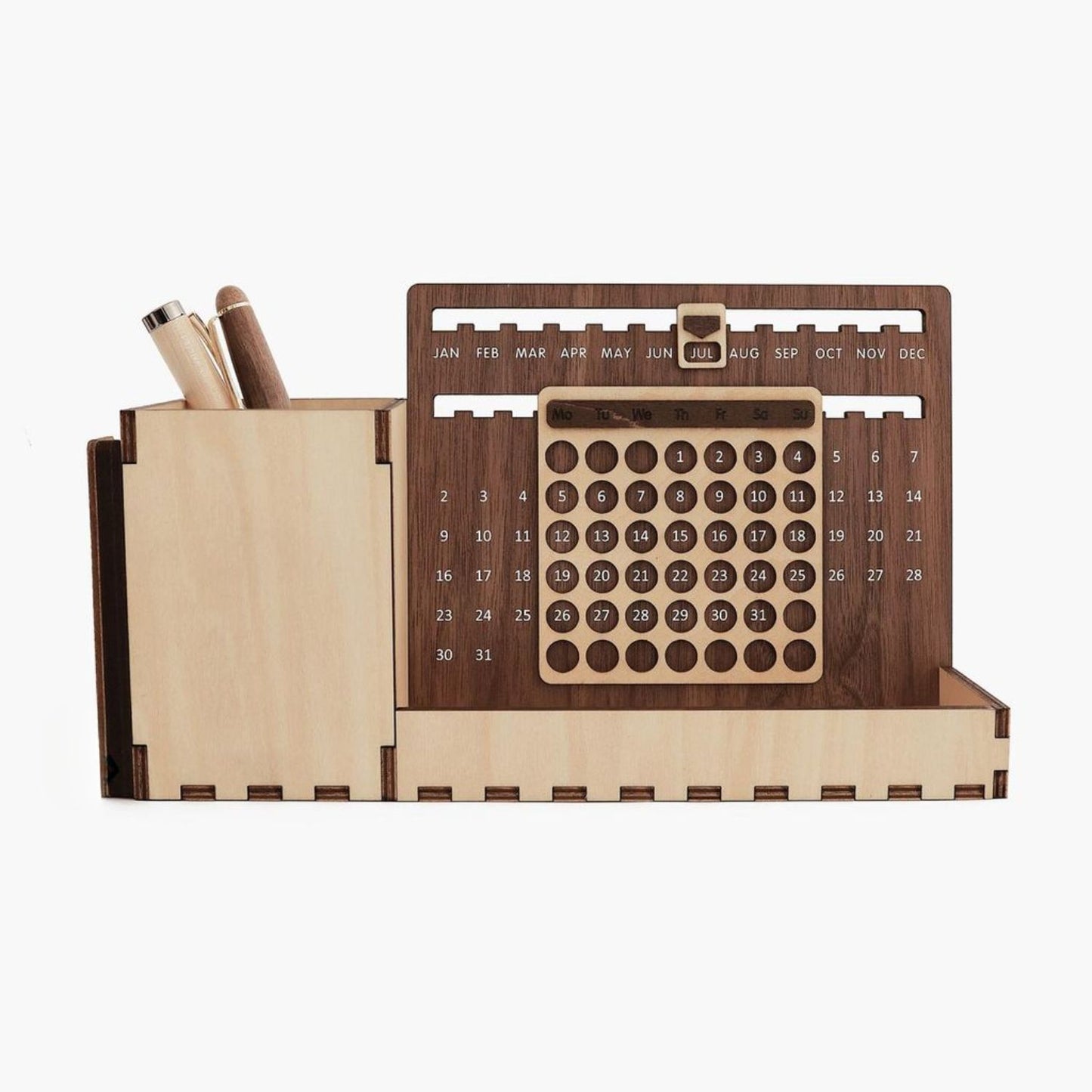 Custom Multi-Function Wood Perpetual Desk Calendar With Pen & Pencils Holder, Business Card Holder, Accessories Tray, Personalized Desk Organizer