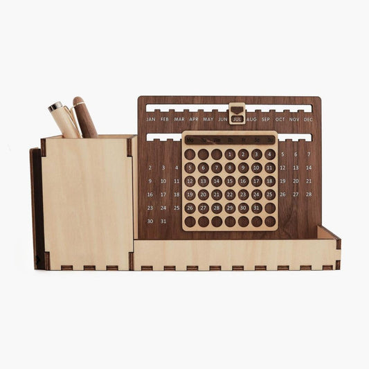 Custom Multi-Function Wood Perpetual Desk Calendar With Pen & Pencils Holder, Business Card Holder, Accessories Tray, Personalized Desk Organizer