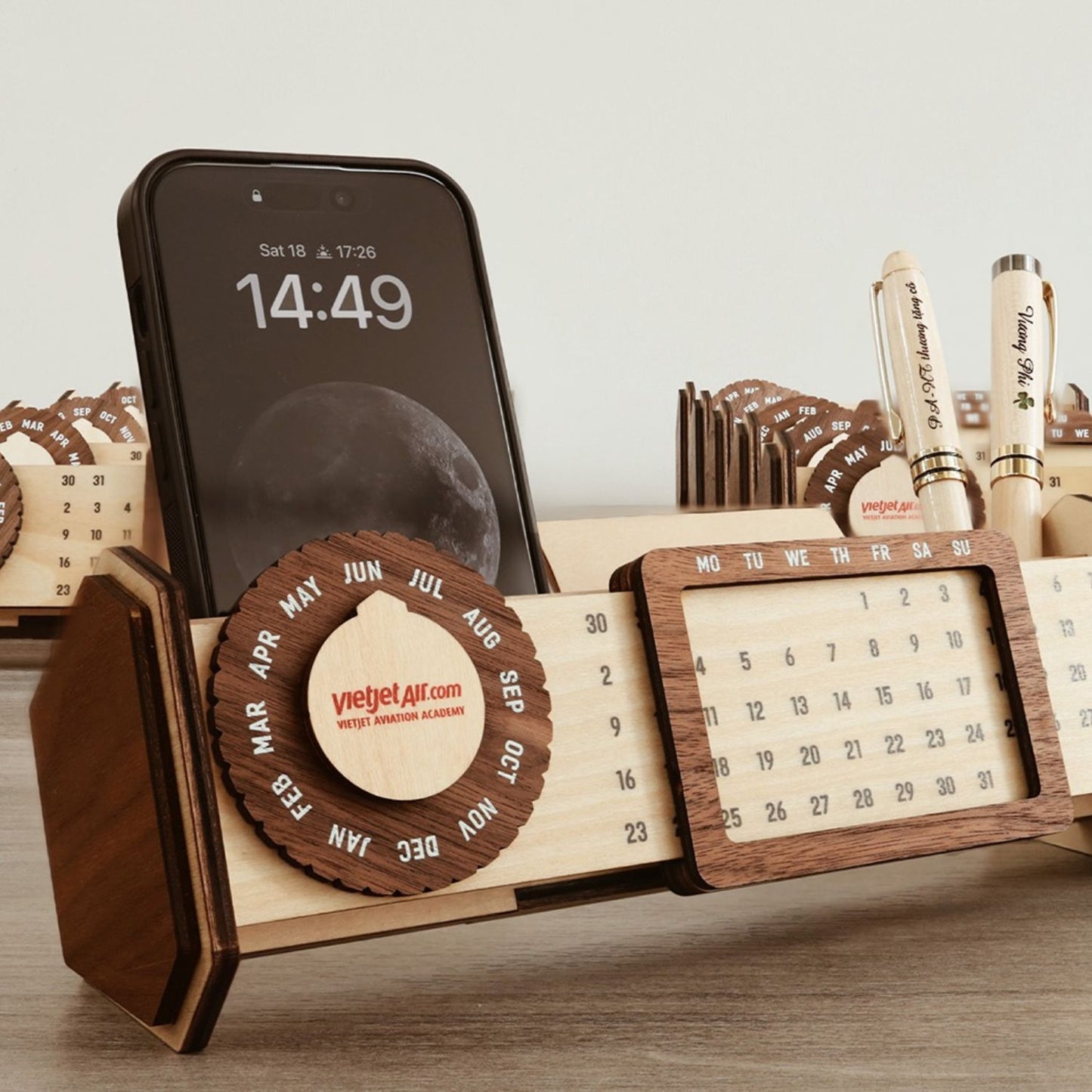 Custom Multi-Function Wood Perpetual Desk Calendar With Pen & Pencils Holder, Business Card Holder, Accessories Tray, Personalized Desk Organizer, Custom End of year corporate gift for clients and employees