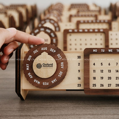 Custom Multi-Function Wood Perpetual Desk Calendar With Pen & Pencils Holder, Business Card Holder, Accessories Tray, Personalized Desk Organizer, Custom End of year corporate gift for clients and employees