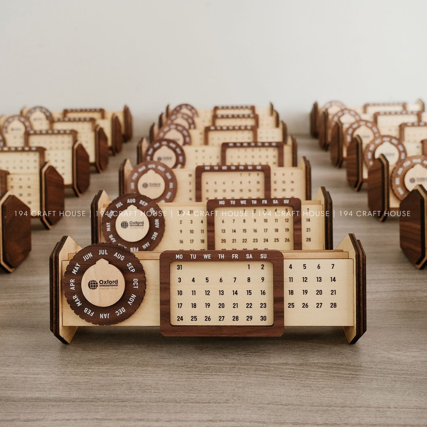Custom Multi-Function Wood Perpetual Desk Calendar With Pen & Pencils Holder, Business Card Holder, Accessories Tray, Personalized Desk Organizer, Custom End of year corporate gift for clients and employees