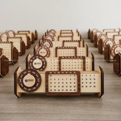 Custom Multi-Function Wood Perpetual Desk Calendar With Pen & Pencils Holder, Business Card Holder, Accessories Tray, Personalized Desk Organizer, Custom End of year corporate gift for clients and employees