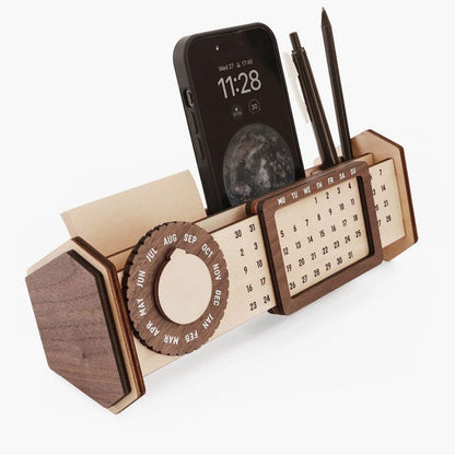 Custom Multi-Function Wood Perpetual Desk Calendar With Pen & Pencils Holder, Business Card Holder, Accessories Tray, Personalized Desk Organizer, Custom End of year corporate gift for clients and employees