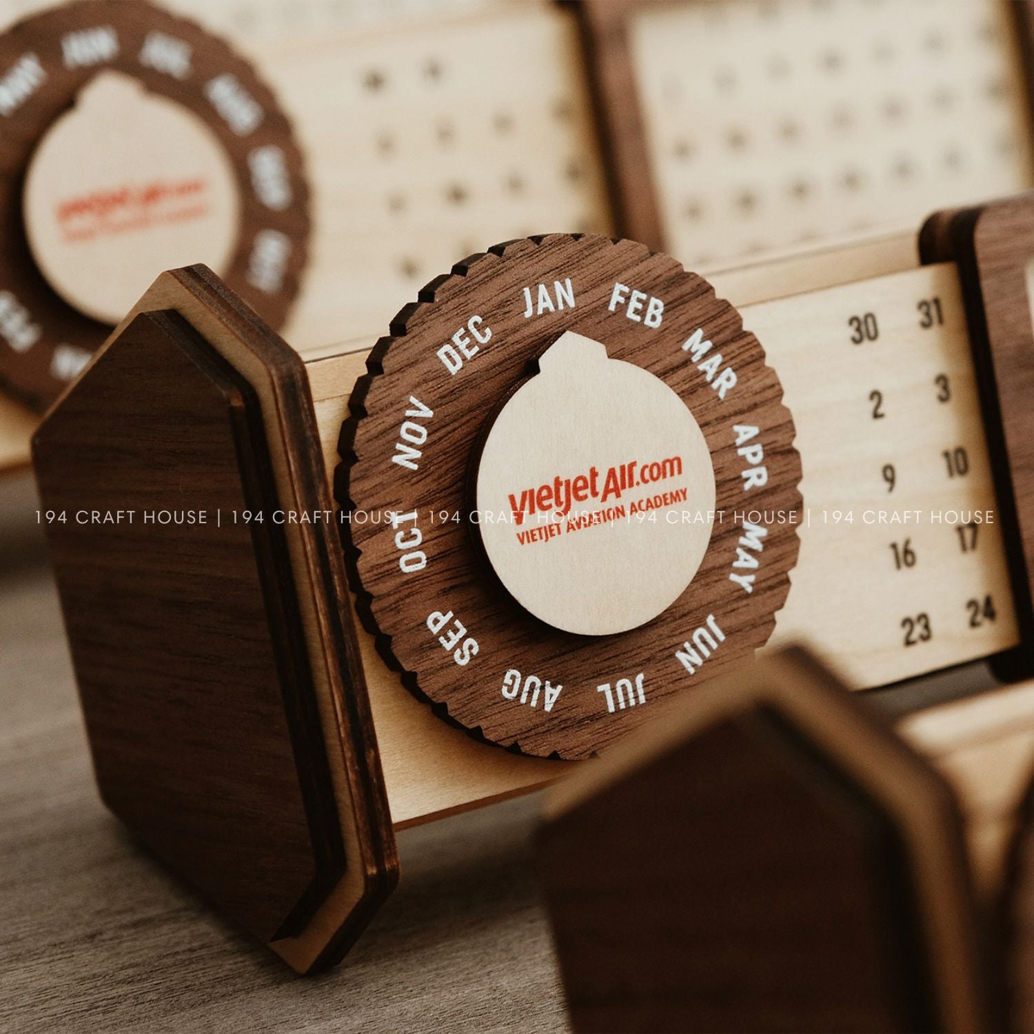 Custom Multi-Function Wood Perpetual Desk Calendar With Pen & Pencils Holder, Business Card Holder, Accessories Tray, Personalized Desk Organizer, Custom End of year corporate gift for clients and employees