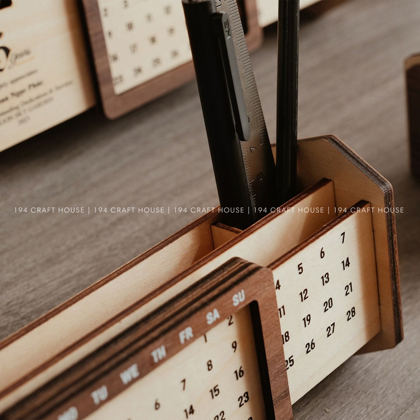 Custom Multi-Function Wood Perpetual Desk Calendar With Pen & Pencils Holder, Business Card Holder, Accessories Tray, Personalized Desk Organizer, Custom End of year corporate gift for clients and employees