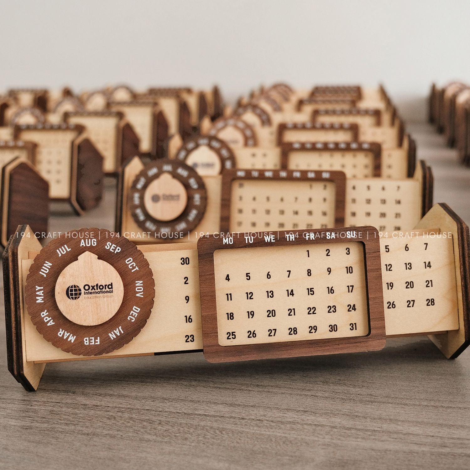 Custom Multi-Function Wood Perpetual Desk Calendar With Pen & Pencils Holder, Business Card Holder, Accessories Tray, Personalized Desk Organizer, Custom End of year corporate gift for clients and employees