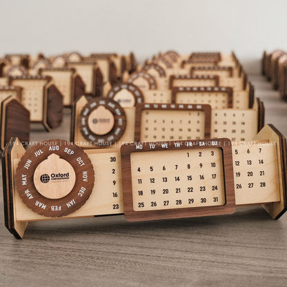 Custom Multi-Function Wood Perpetual Desk Calendar With Pen & Pencils Holder, Business Card Holder, Accessories Tray, Personalized Desk Organizer, Custom End of year corporate gift for clients and employees