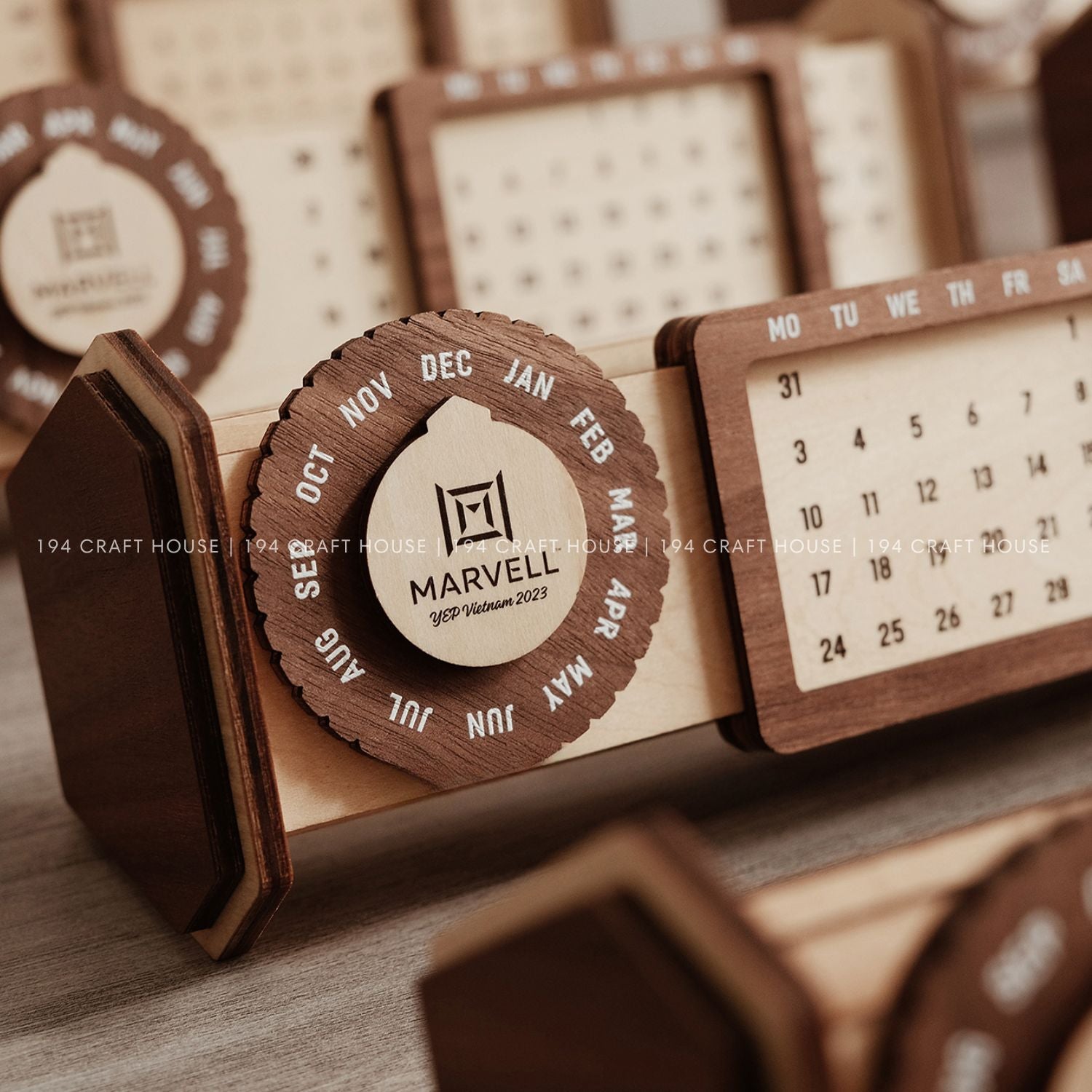 Custom Multi-Function Wood Perpetual Desk Calendar With Pen & Pencils Holder, Business Card Holder, Accessories Tray, Personalized Desk Organizer, Custom End of year corporate gift for clients and employees