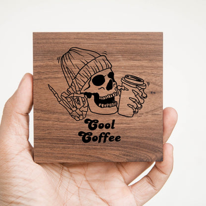 Cool Coffee design engraved on a handcrafted square walnut wood coaster with natural wood grain