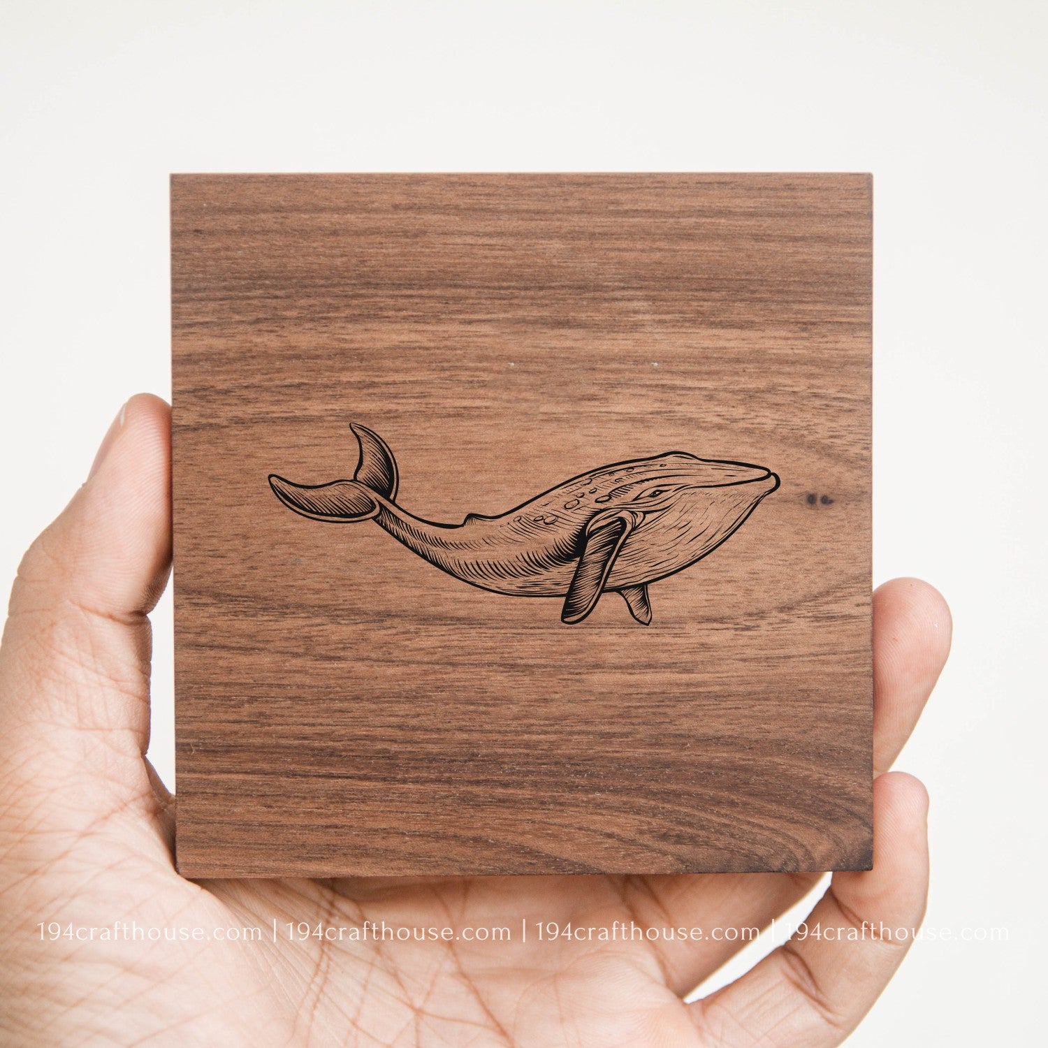 Wooden square with whale engraving held by a hand on a white background